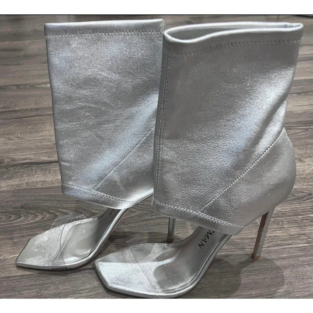 Stuart Weitzman Frontrow Stretch Bootie Sandals Silver Metallic Open Toe Stilett